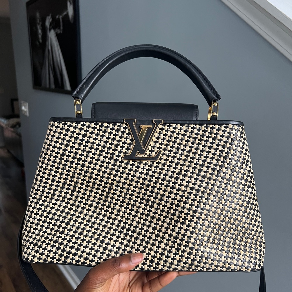 Louis Vuitton Beige Black Leather and Raffia Capucine MM bag